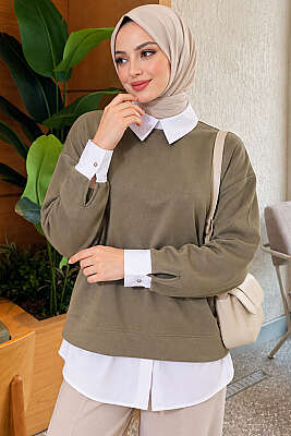 Gömlek Garnili Basic Tunik Haki - Tunik