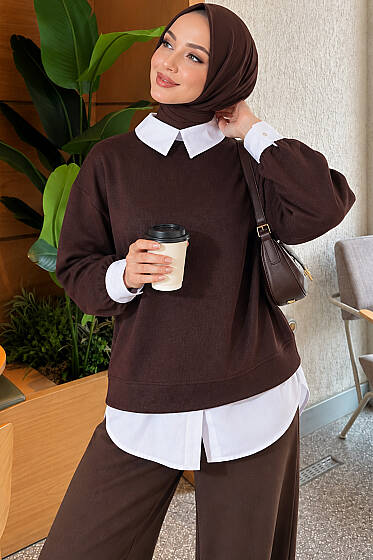 Gömlek Garnili Basic Tunik Kahve - Tunik