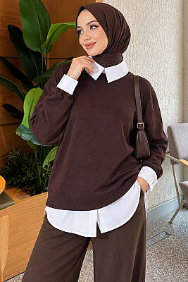 Gömlek Garnili Basic Tunik Kahve - Tunik