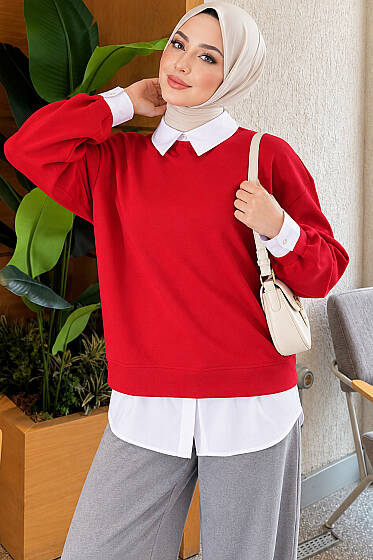 Gömlek Garnili Basic Tunik Kırmızı - Tunik