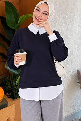 Gömlek Garnili Basic Tunik Lacivert - NEW SHE