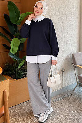 Gömlek Garnili Basic Tunik Lacivert - Tunik