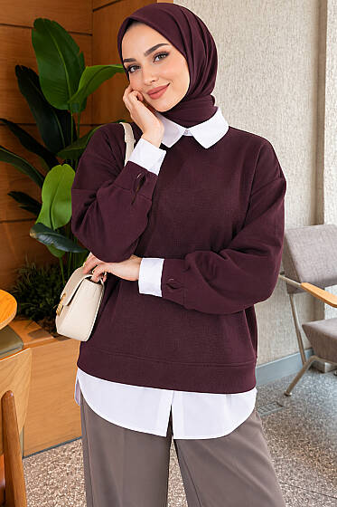 Gömlek Garnili Basic Tunik Mürdüm - Tunik