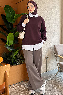 Gömlek Garnili Basic Tunik Mürdüm - Tunik
