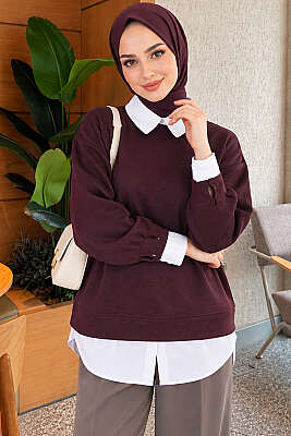 Gömlek Garnili Basic Tunik Mürdüm - Tunik