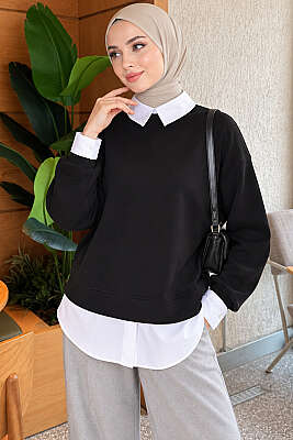Gömlek Garnili Basic Tunik Siyah - NEW SHE