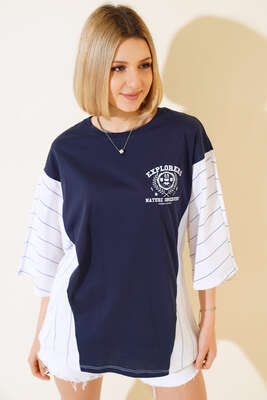 Gömlek Garnili Baskılı T-shirt Lacivert - Thumbnail