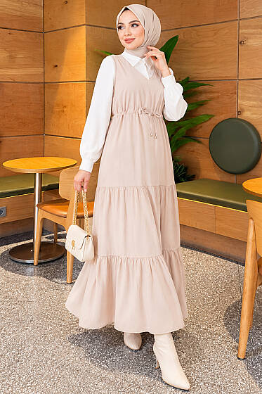 Gömlek Garnili Bel Tünelli Jile Elbise Bej - Elbise