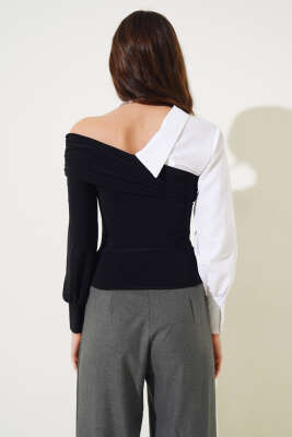 Gömlek Garnili Bluz Siyah - Kadın Giyim Modelleri