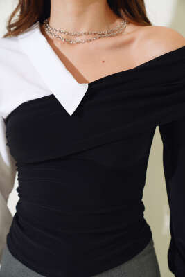 Gömlek Garnili Bluz Siyah - Kadın Giyim Modelleri