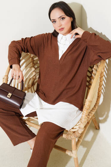 Gömlek Garnili Bürümcüklü Tunik İkili Takım Kahve - İkili Takım