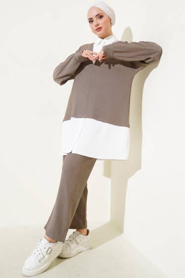 Gömlek Garnili Bürümcüklü Tunik İkili Takım Vizon - İkili Takım