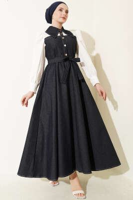 Gömlek Garnili Çıtçıt Düğmeli Kot Elbise Lacivert - HEWES