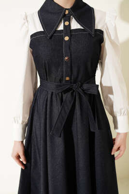 Gömlek Garnili Çıtçıt Düğmeli Kot Elbise Lacivert - Elbise