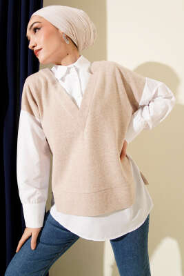 Gömlek Garnili Düğmeli Tunik Bej 