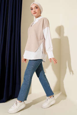 Gömlek Garnili Düğmeli Tunik Bej - Tunik