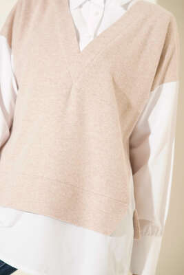 Gömlek Garnili Düğmeli Tunik Bej - Tunik