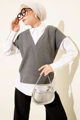 Gömlek Garnili Düğmeli Tunik Füme 