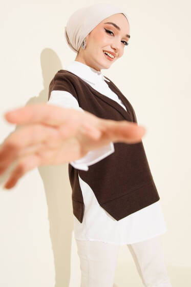 Gömlek Garnili Düğmeli Tunik Kahve - Tunik