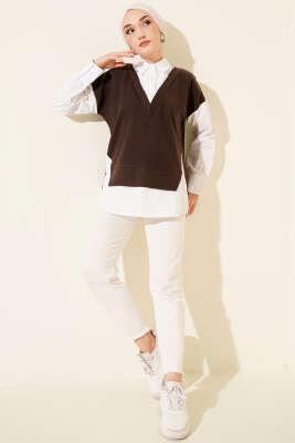 Gömlek Garnili Düğmeli Tunik Kahve - Tunik