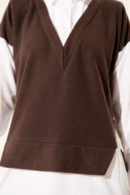 Gömlek Garnili Düğmeli Tunik Kahve - Tunik