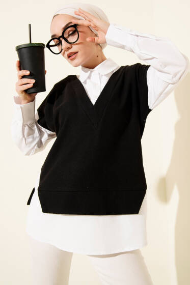 Gömlek Garnili Düğmeli Tunik Siyah - Tunik