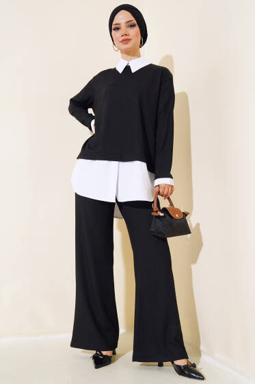 Gömlek Garnili İkili Takım Siyah - İKİLİ TAKIM