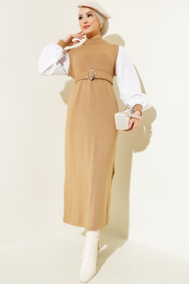 Gömlek Garnili Kemerli Triko Elbise Bej - NEFİSE