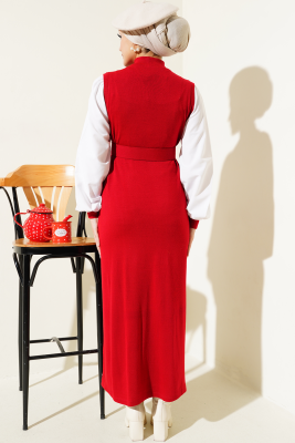 Gömlek Garnili Kemerli Triko Elbise Kırmızı - Tesettür Elbise