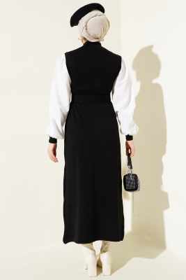 Gömlek Garnili Kemerli Triko Elbise Siyah - Tesettür Elbise