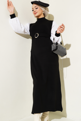 Gömlek Garnili Kemerli Triko Elbise Siyah - Tesettür Elbise