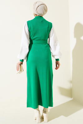 Gömlek Garnili Kemerli Triko Elbise Yeşil - Tesettür Elbise