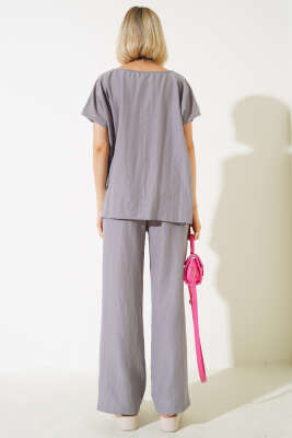 Gömlek Garnili Kısa Kol İkili Takım Kayrak Grisi - Kadın Giyim Modelleri