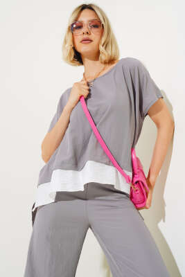 Gömlek Garnili Kısa Kol İkili Takım Kayrak Grisi - Kadın Giyim Modelleri