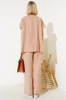 Gömlek Garnili Kısa Kol İkili Takım Latte - Kadın Giyim Modelleri