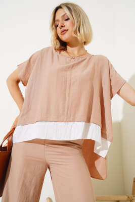 Gömlek Garnili Kısa Kol İkili Takım Latte - Kadın Giyim Modelleri