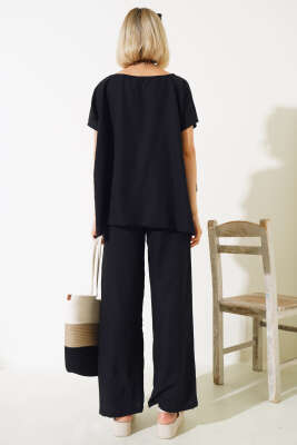 Gömlek Garnili Kısa Kol İkili Takım Siyah - Kadın Giyim Modelleri