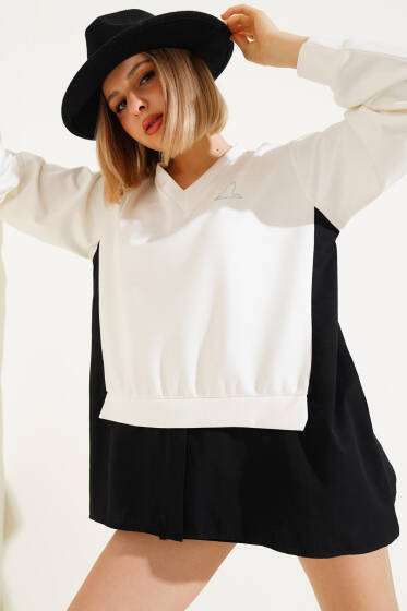 Gömlek Garnili Kuş Taşlı Salaş Sweatshirt Ekru - Yeni Giyim