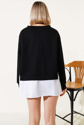 Gömlek Garnili Kuş Taşlı Salaş Sweatshirt Siyah - Kadın Giyim Modelleri