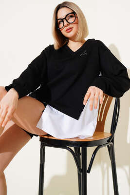 Gömlek Garnili Kuş Taşlı Salaş Sweatshirt Siyah - Kadın Giyim Modelleri