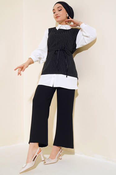 Gömlek Garnili Kuşaklı Çizgili Takım Siyah - İkili Takım