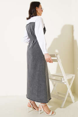 Gömlek Garnili Kuşaklı Kot Elbise Gri - Tesettür Elbise