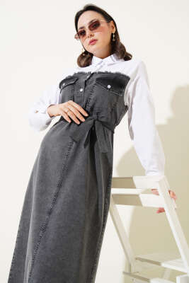 Gömlek Garnili Kuşaklı Kot Elbise Gri - Tesettür Elbise