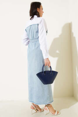 Gömlek Garnili Kuşaklı Kot Elbise Mavi - Tesettür Elbise