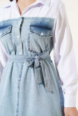 Gömlek Garnili Kuşaklı Kot Elbise Mavi - Tesettür Elbise