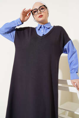 Gömlek Garnili Loyşa Elbise Antrasit - Tesettür Elbise