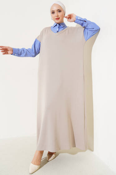 Gömlek Garnili Loyşa Elbise Bej - Elbise