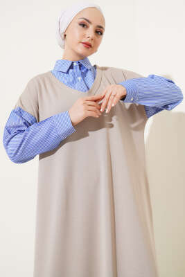 Gömlek Garnili Loyşa Elbise Bej - Tesettür Elbise