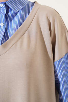 Gömlek Garnili Loyşa Elbise Bej - Tesettür Elbise