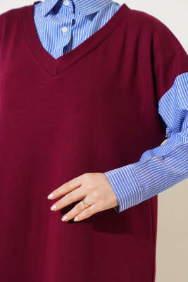 Gömlek Garnili Loyşa Elbise Bordo - Tesettür Elbise